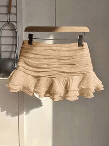 Elamini 2026夏季浪漫荷叶边迷你裙，性感甜美风时尚超短裙，香槟色度假风，适合情人节、新年等场合 - 香檳色 - 查看 2