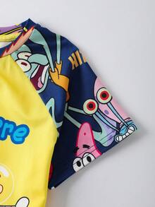 SpongeBob SquarePants | SHEIN 男童字母卡通图案圆领短袖上衣和短裤睡衣套装 - 藍色 - 查看 6