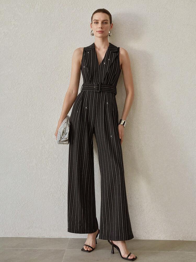 STRIPED PRINT RHINESTONE DETAIL LAPEL COLLAR BUCKLE BELTED SLEEVELESS WIDE LEG JUMPSUIT