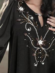 Layrah Abaya Arab Hitam Buatan Tangan dengan Hiasan Berlian Imitasi, Gaun Pesta Malam Mewah dan Elegan Dubai, Gaun Pesta Pernikahan Formal - Hitam - View 2