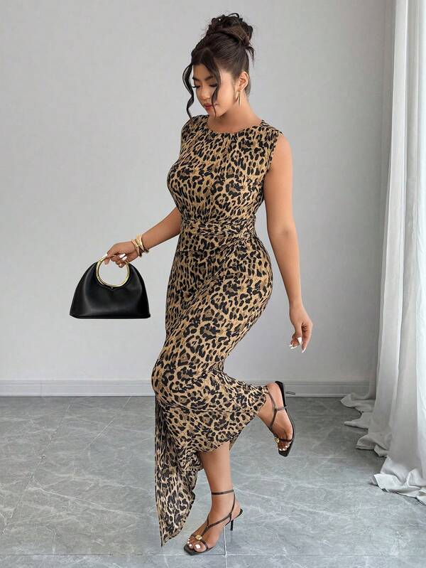 Elenzga Plus Size Women's Round Neck Sleeveless Wrap-Style Metal Buckle Decor Leopard Print Elegant Dress, Spring/Summer