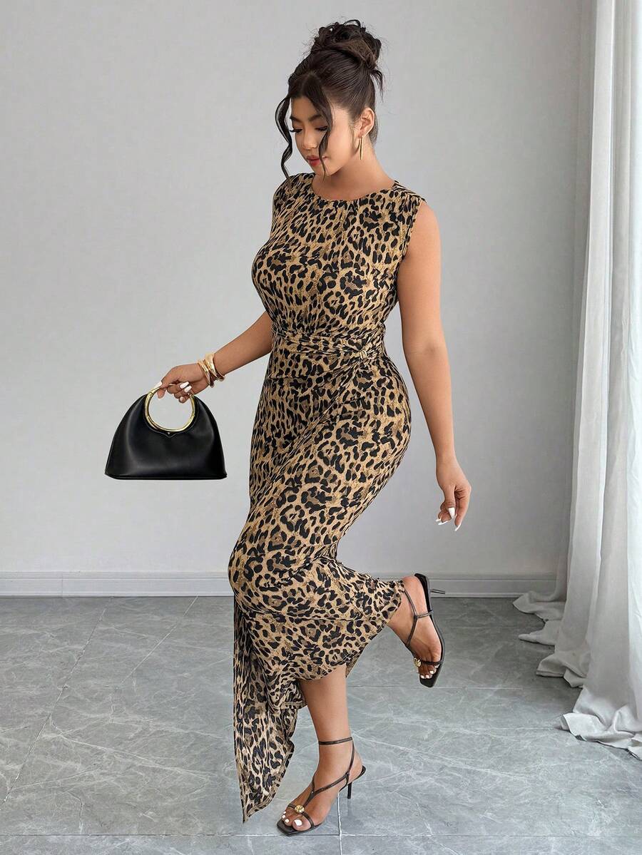 Elenzga Plus Size Women's Round Neck Sleeveless Wrap-Style Metal Buckle Decor Leopard Print Elegant Dress, Spring/Summer - Multicolor - View 1
