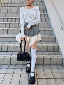 FRIFUL Women's Ditsy Floral Contrast Lace Front Tie Long Sleeve Casual T-Shirt - White - View 2