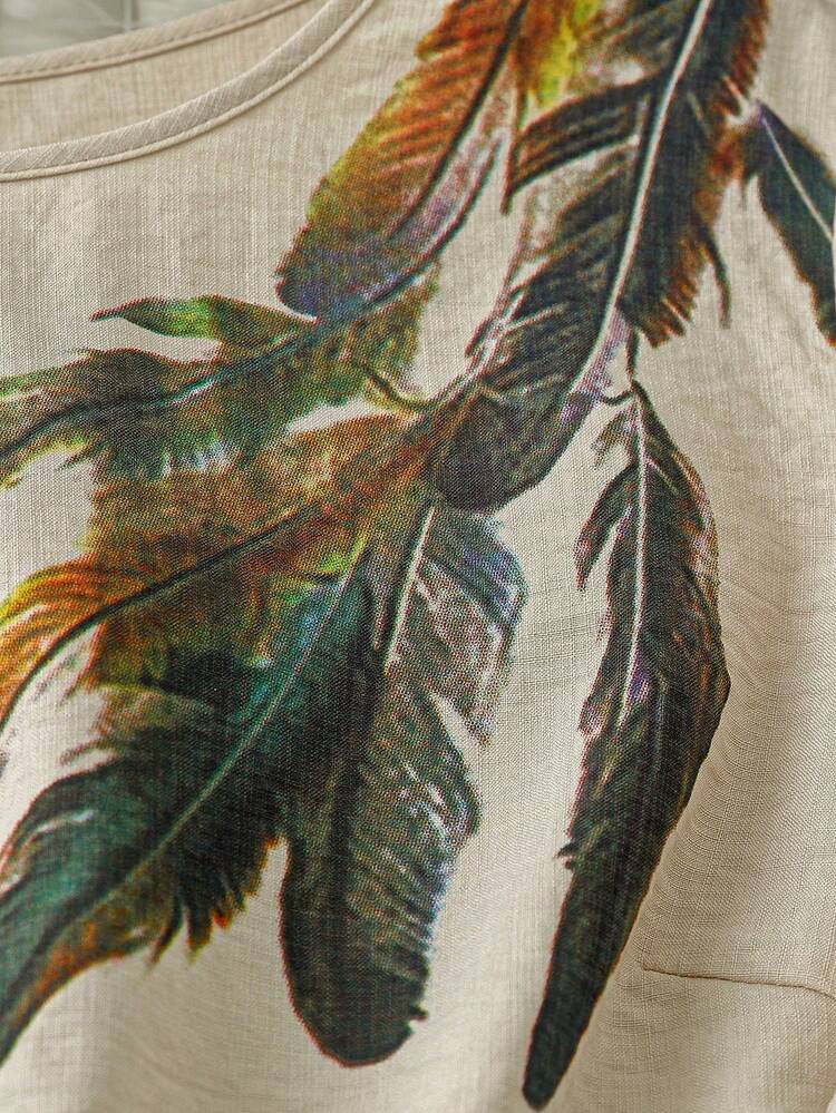 Linhara Plus Size Women Colorful Feather Print Shirt, Fashionable Casual Minimalist Zen Style For Commuting And Vacation - Apricot - View 4