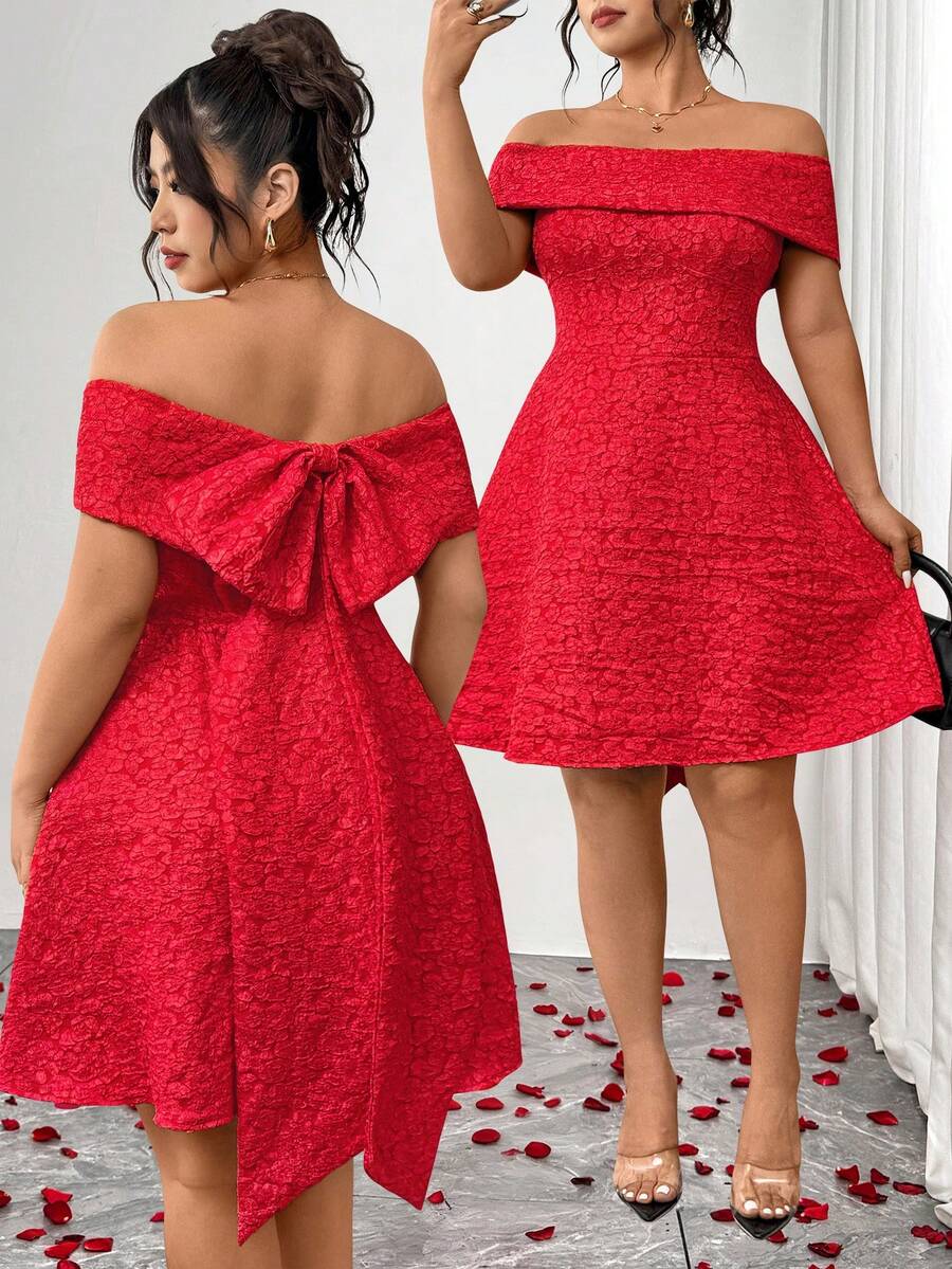 Elenzga Plus Size Women's Waist Cinching A-Line Dress With Bow Accent ...