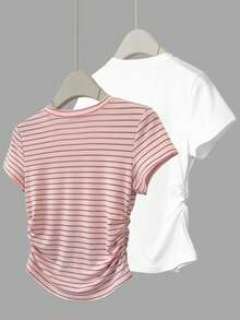 Resyla 女士圆领短袖休闲褶裥腰部T恤 - 彩色 - 查看 2