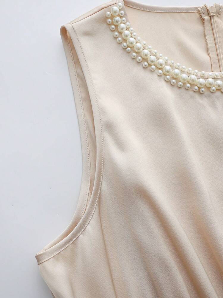 GlowEve CURVE Vestido elegante sin mangas con cuello redondo y decoración de perlas falsas para mujer de talla grande de unicolor - Champán - Añade 3