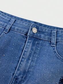 GlowEve Jupe mini en jean avec poche en biais, décoration de strass et broderie en forme de cœur pour femmes - Bleu azur - Voir 6