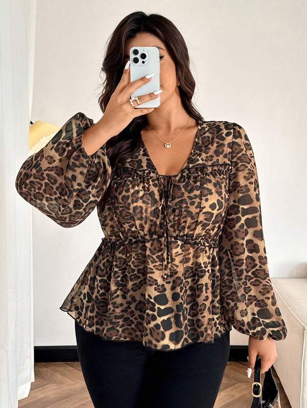 Calvaya Plus Size Women Leopard Print V-Neck Long Sleeve Casual Shirt,Tie Dye,Autumn,Elegant,Night Out Club Cheetah Animal Print Peplum Blouse Brown Top