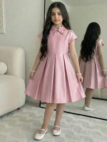 SHEIN Tween Girl Casual Elegant 3D Floral Collar Waist Cinched Dress, Princess Dress, Pink Party Dress Suitable For Party, Wedding, Holiday, Pink Dress, Wedding Season, Birthday Party, Valentine's Day, Pink Flower Collar Dress, Pink Puffy Dress Girls, Pink Formal Dress For Kids, Elegant Pink Dress Kids, Girls Collared Dress - Pink - View 10
