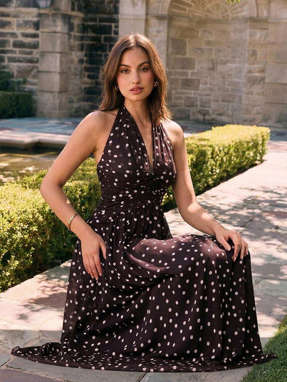 Enchnt Women's White Polka Dot Backless Halter Neck Bodycon Long Dress, Elegant Brown Summer Dress,Chic&Elegant For Date,Vacation Holiday Outfit