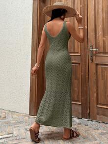 EURMUSE Solid Color Sleeveless Fitted Long Knit Jacquard Lining Dress Cover Up - Hijau Tentara - View 2
