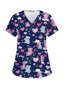 PopScrub Cartoon Bear Heart-Shaped Short Sleeve Women Nursing Scrubs Top, Nurse Uniform - Multicolor - View 3
