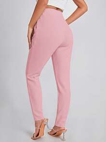 SHEIN Essnce Women's Casual Solid Color Pleated Pocket Pants - Pink - View 2