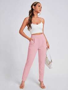 SHEIN Essnce Women's Casual Solid Color Pleated Pocket Pants - Pink - View 5