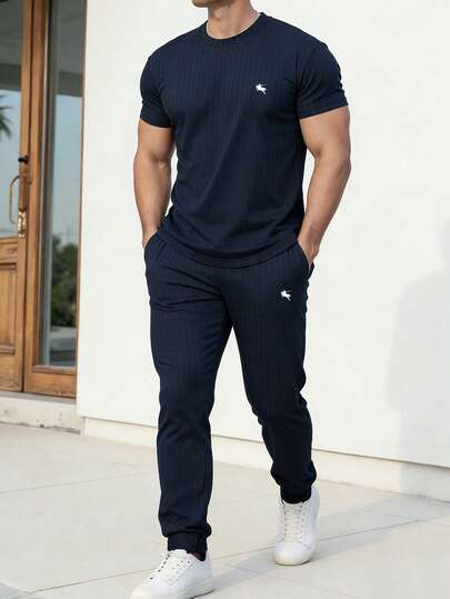 Manfinity Homme Men's Royal Blue Casual Round Neck Graphic T-Shirt And Long Sweatpants Co-Ords With Embroidery Detail For Everyday Wear