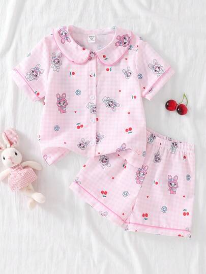 2件套 女童可爱兔子卡通图案翻领短袖短裤睡衣套装
