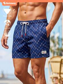 Horizaway Men's Beach Vacation Casual Printed Drawstring Swim Trunks Blue Men Swim Trunks Men's Beachwear - Blue - View 4