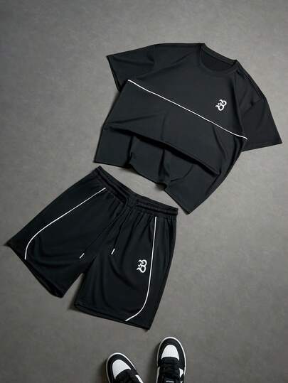 PAVTROS Herrset med t-shirt och shorts med bokstavstryck, sommar, herrset med t-shirt med bokstavstryck, rund hals, kortärmad och shorts med dragsko i midjan, vår/sommar, sommar, semester, vintage, utekväll, fest, festival, present till min pojkvän, streetwear, träning