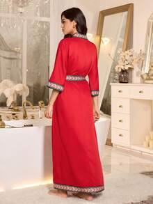 SHEIN Contrast Color Print Patchwork Collar 3/4 Sleeve Sexy Long Women Robe - Red - View 2