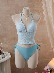 Swim Mod 女士夏季海滩度假蓝色花卉撞色扭结挂脖式比基尼泳衣，2026新款女士泳装到货，适合上学、度假、约会、下午茶、西式、邮轮、海滩、海岛、公路旅行、四季皆宜、音乐节、波西米亚风度假、凉爽秋季、西部波西米亚风、优雅女士比基尼套装水蓝色比基尼沙滩两件套沙滩上衣比基尼套装度假泳装绿洲两件套 - 藍色 - 查看 4