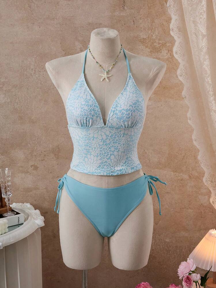 Swim Mod Women's Summer Beach Vacation Blue Floral Contrast Color Twist Halter Tankinis Swimwear, 2026 New Women's Swimwear ArrivalFor School, Suitable For Holiday, Date, Afternoon Tea, Western, Cruise, Beach, Island, Road Trip, All Seasons, Music Festival, Boho Vacation, Bohemian Vacation, Chill Autumn , Western Boho , Elegant Tops For Women Bikini Set Aqua Bikini Beach 2 Pieces Set Beach Top Bikini Set Vacation Swim Oasis 2 Piece - Blue - View 3