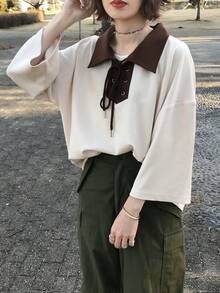 FRIFUL Women's Apricot Patchwork Contrast Color Drawstring Bow Textured Loose Casual Versatile T-Shirt - Apricot - View 1