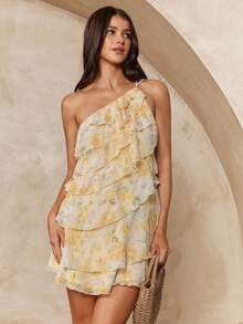 Enchnt Vestido mini con estampado floral elegante, con volantes en capas y espalda descubierta, estilo vacacional para mujer - Amarillo - Ver 4