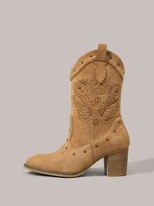 Styleloop Women's Pointed Toe Studded Western Style Fashion High Heel Mid-Calf Boots - Brown - View 2