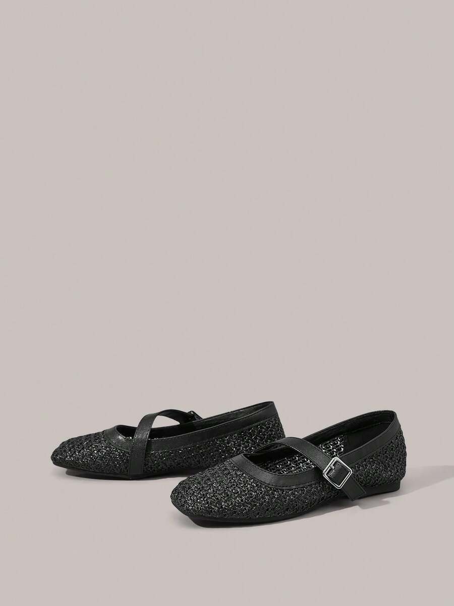 Styleloop Women Shoes Holiday Style Woven Shoes Noodle Belt Women's Flat Single Shoes Holiday Style Wear BOHO Wear American Retro Style Bohemian Style Western Style Music Festival Wear Party Wear Flat Women's Shoes - Black - View 1