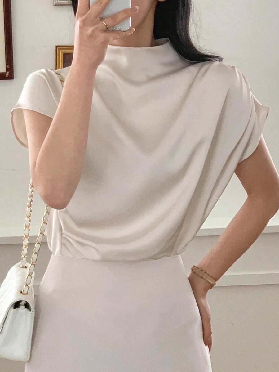 DAZY Women's Loose Fit High Neck Satin Blouse - Apricot - View 1