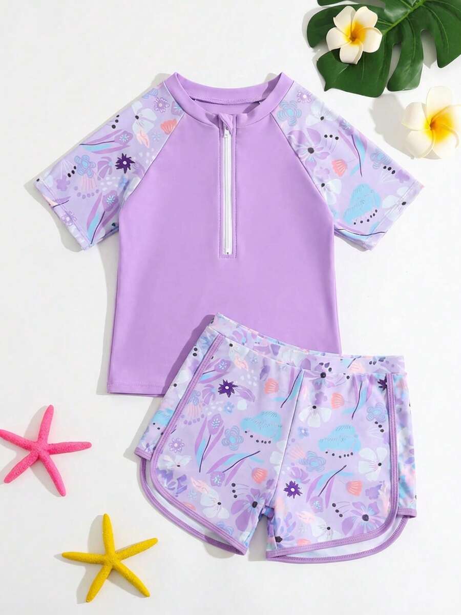 SHEIN 少女比基尼套装，紫色短袖上衣和短裤两件式泳装，时尚休闲优雅，适合少女游泳、夏季度假、海滩和泳池穿着。 - 紫色 - 查看 1