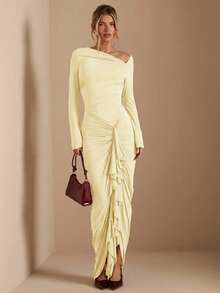 SHEIN BAE 纯棕色秋冬针织连衣裙，斜肩设计，腰部褶皱，侧边系带，优雅妩媚，适合派对、浪漫约会、鸡尾酒会、伴娘礼服、晚宴外出以及秋冬季叠穿等场合。 - 黃色 - 查看 7