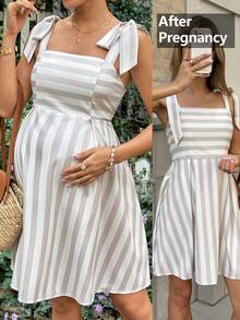 SHEIN Maternity Clothes Maternity Dress Maternity Summer Casual Everyday Striped Tie Shoulder Dress Vacation - Khaki - View 1