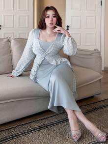 Dazy Plus 大码撞色碎花修身长裙，两穿设计，优雅约会之选，春夏连衣裙 - 淺藍色 - 查看 9