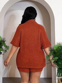 Slaydiva Bộ đồ 2 món mùa Xuân/Hè mới: Áo thun cổ bẻ dáng rộng với tay áo xắn lên và quần short ôm sát, chất liệu vải dệt kim co giãn, thích hợp mặc thường ngày/đi biển/thể thao, cỡ lớn - Màu nâu, trang phục mùa hè. - Rỉ Nâu - Xem 3