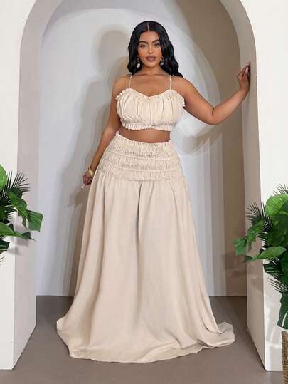 Slaydiva 2026春夏新款性感沙滩度假音乐节派对篝火晚会聚会酒店住宿邮轮旅行日光浴约会派对纯色卡其色吊带露脐上衣，后背系带，层叠荷叶边A字裙摆，女士加大码两件套