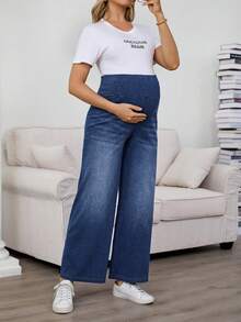 SHEIN Umstandsjeans mit elastischem Bund, verwaschenem Katzenwischer-Effekt und geradem Bein, ideal für Frühling bis Sommer, Valentinstag, Karneval, Pendeln, Urlaub, Abschluss, Chic Y2K, niedliche Streetwear, Party, Hochzeit, elegante Business-Lässig, vielseitige Umstandsjeans mit weitem Bein, blaue Jeans mit elastischem Bund für Schwangerschaftskomfort - Blau - Übersicht 7