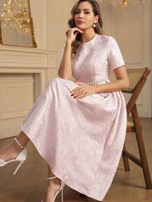 Ellevyn 女士圆领短袖提花纹理面料粉色收腰褶裥A字优雅日常/约会中长连衣裙，早春 - 粉色 - 查看 6