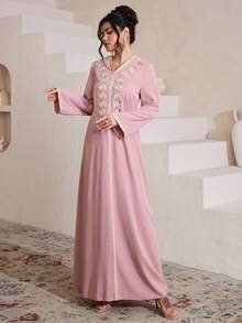 Al Najma Elegante cárdigan con capucha de manga larga, de corte holgado y con adorno de encaje floral para mujeres - Rosa - Ver 3
