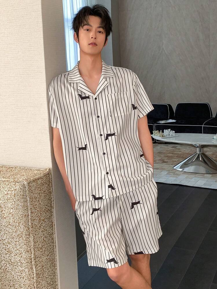 Men's Summer Floral Print Short Sleeve Shirt And Shorts Pajama Set