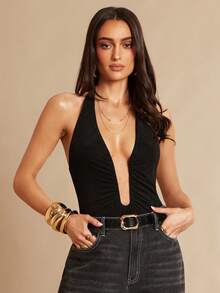 Silquee Women's Black Sexy Deep V-Neck Underwire Pleated Backless Suspender Bodysuit, Women's Summer Clothing, Summer Vacation Clothing, Summer Bodysuit, Sexy Summer Bodysuit For Going Out, Women's Casual Clothing - Black - View 3