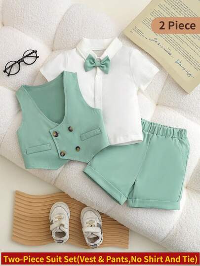 SHEIN 2pcs Baby Boy Gentleman Outfit: Decorative Fake Pocket Double-Breasted Vest And Elastic Waist Casual Shorts, Excluding Shirt And Bow Tie, Fashionable Formal Wear, Size: 6 Months To 3 Years, Suitable For Birthday Party, Banquet, Christening, Performance,  , Baby Shower, 1st Birthday Celebration, Summer Wear, Baby Boy Casual Gentleman Style Set, Baby Boy Outfit, Baby Boy Clothing, Boy SuitWedding,Prom,Graduation