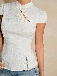 Poéselle Blusa casual ajustada con cuello mao y botones de mujer, estampado jacquard, versátil para citas y salidas - Albaricoque - Ver 7