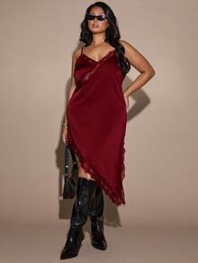 SHEIN BAE 大码宽松方肩修身半身裙垂褶环扣细节T恤裙街头风可爱优雅休闲性感秋季外出太妃糖色鸡尾酒裙，适合圣诞节、情人节、感恩节等场合，优雅连衣裙，棕色连衣裙 - 酒紅色 - 查看 3