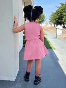 SHEIN 2pcs Young Girl Woven Solid Color Vest And Skirt Set - Coral Pink - View 2