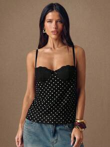 SHEIN BAE Women's Polka Dot Print Lace Patchwork Camisole - Black - View 6
