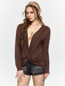 ROMWE Hippie Sexy Deep Draped Neck Ruched Long Sleeve Women T-Shirt - Coffee Brown - View 4
