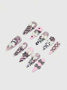 ROMWE Anime 10 móng giả hình nơ, nốt nhạc, ngôi sao dễ thương, làm thủ công chất lượng cao + 3 miếng dán hai mặt, họa tiết chấm bi đính đá kiểu Pháp Y2K, thích hợp cho các dịp lễ, tiệc tùng, khiêu vũ và sử dụng hàng ngày. - Nhiều màu - Xem 2