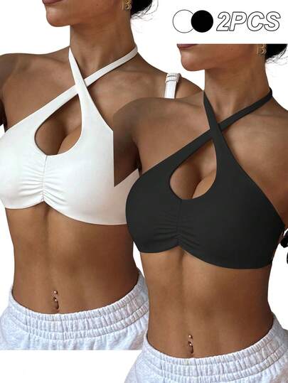 Velisys 2pcs/Set Women's Sports Bras, Black & White, Front Ruched, Halter Neck, Criss-Cross Straps, Removable Pads, Sexy Sports Bra Suitable For Daily Casual, Tennis, Yoga, Gym And More